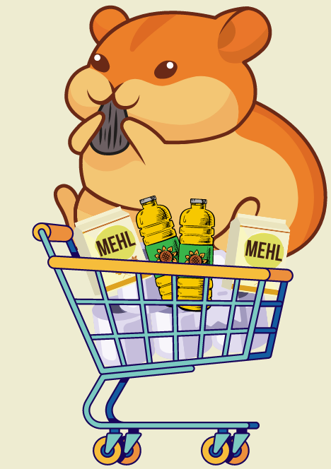 Zeichnung eines Hamsters auf einem Einkaufswagen, der mit Mehl, Öl und Klopapier gefüllt ist